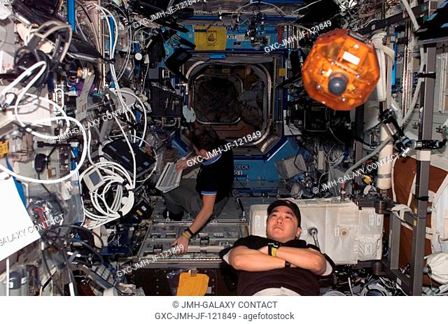 Astronaut Daniel Tani, Expedition 16 flight engineer, does a check of the Synchronized Position Hold, Engage, Reorient, Experimental Satellites (SPHERES)...