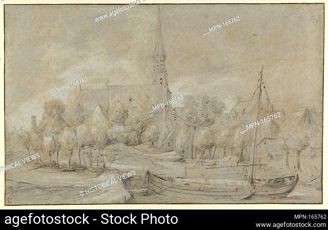 The Church of Saints Peter and Paul in Schelle, near Antwerp, seen from the North, with a Boat in the river Vliet. Artist: Anonymous, Flemish