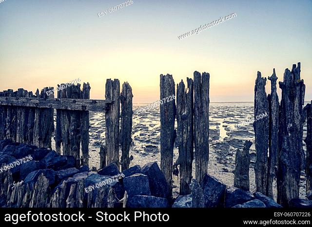 View of the Wadden Sea during sunset, at low tide. A colorful dramatic sky. Wooden posts as a silhouette in the mud. UNESCO. Wadden Sea World Heritage