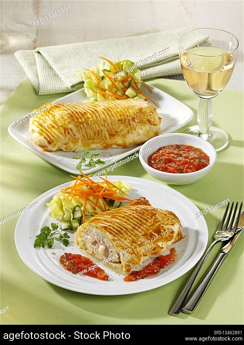 Chicken cordon bleu wrapped in puff pastry