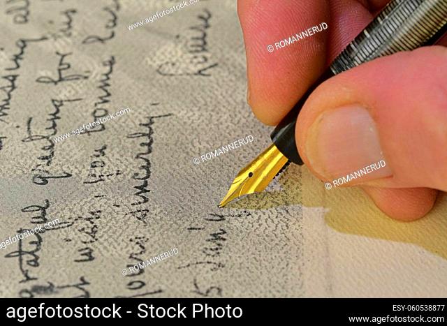 Antique fountain pen writing. Handwriting - writing with a fountain pen. Antique handwriting