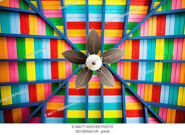Petal-shaped fan on multi-coloured wooden ceiling