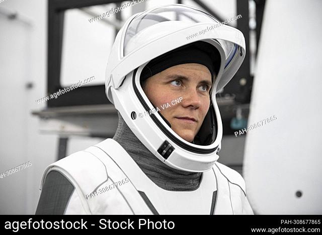 Cosmonaut Anna Kikina looks on while wearing a SpaceX launch and entry suit during a training in Hawthorne, California before her launch as part of NASA's...
