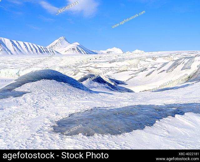 Glacier front of Fridtjovbreen. Landscape in Van Mijenfjorden National Park, (former Nordenskioeld NP), Island of Spitsbergen, part of Svalbard archipelago