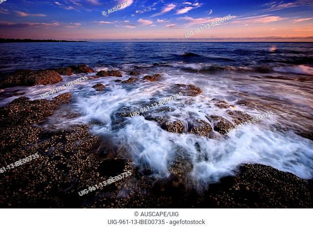 Barnacle-covered rock platform being washed by tide, early morning, Woongarra Marine Park, near Bundaberg, Queensland, Australia