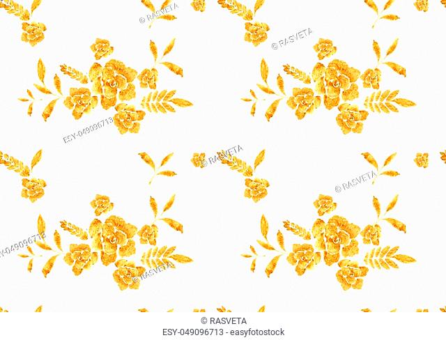 Romantic gold rose bouquet design pattern invitation template. Luxury richest ornament of flowers and leaves painted watercolor