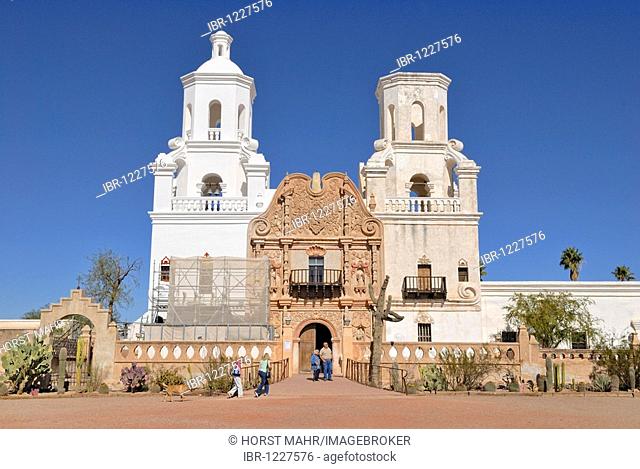 Renovation work at the Mission San Xavier del Bac, also known as white dove of the desert, south of Tucson, Arizona, USA