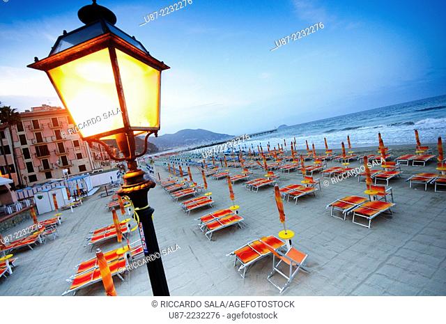 Italy, Liguria, Laigueglia, Beach at Dusk