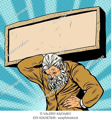Antique Atlas strong man businessman pop art retro style. Atlas is holding a stone slab. Greek image in the business. Mighty old man