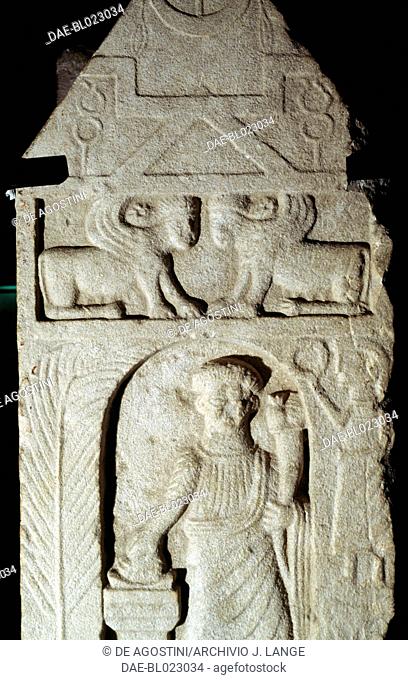 Votive stele with reliefs containing elements of Berber, Punic (Tanit) and Greek-Roman culture (Dionysus, Aphrodite, Zeus and Hermes)