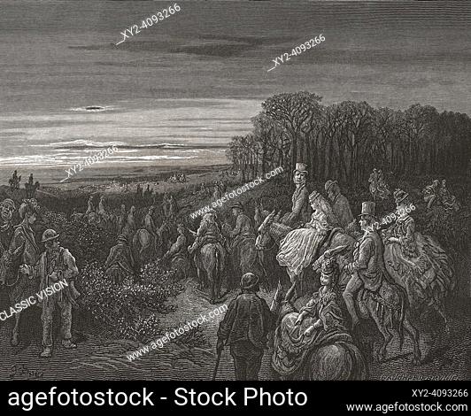 People on horseback on Hampstead Heath. After an illustration by Gustave Doré in the 1890 American edition of London: A Pilgrimage written by Blanchard Jerrold...