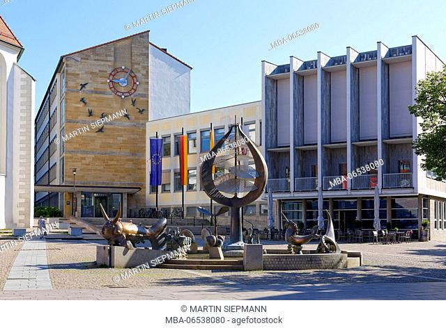 Buchhornbrunnen and city hall, Adenauer square, Friedrichshafen at Lake Constance, Upper Swabia, Lake Constance region, Baden-Wuerttemberg, Germany