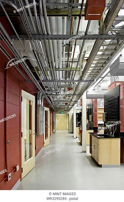 Exposed pipes in laboratory corridor