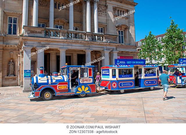 Hull Yorkshire UK - 27 June 2018: Hull Tourist train in front of City Hall