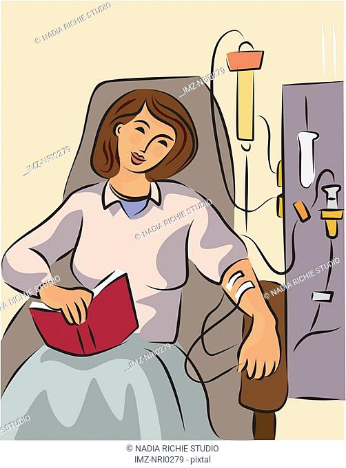 Illustration of a woman hooked up to a kidney dialysis machine