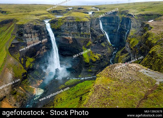 Aerial view of Haifoss, Iceland second highest waterfall and Granni waterfall in background fallen into deep canyon. Travel to Iceland