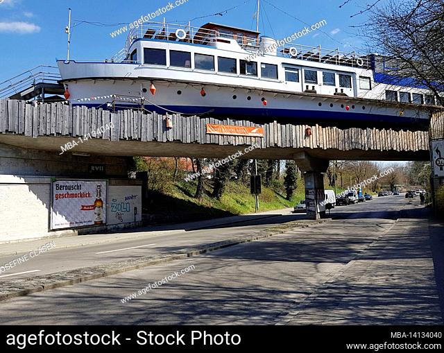 boat alte utting, former excursion boat on the ammersee, built in 1950, retired in 2016, on the former railway bridge since 2018 in the grossmarkthalle district...
