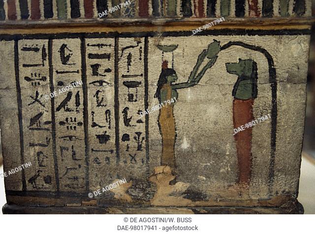 Painting depicting Neith offering a libation over Hapi. Egyptian civilisation.  Cairo, Egyptian Museum