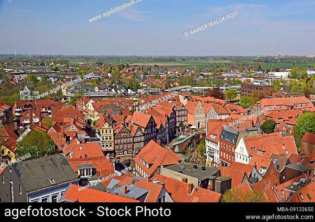 Europe, Germany, Lower Saxony, Stade, Hamburg Metropolitan Region, Hanseatic City, Alststadt, view from above on Hansehafen