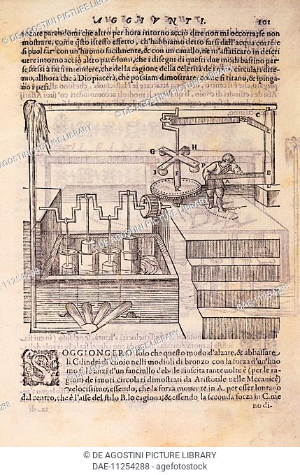 Man-powered water pump, engraving from Gli artifitiosi et curiosi moti spiritali di Herone, translation by Giovanni Battista Aleotti of Hero of Alexandria's (ca...