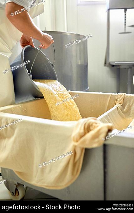 Cheese factory, female worker sieving whey