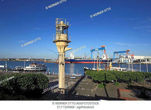 Germany, Kiel, Kiel Fjord, Baltic Sea, Schleswig-Holstein, Kiel harbour, Museum Bridge, maritime museum, lighthouse, ships, Howaldtswerke-Deutsche Werft