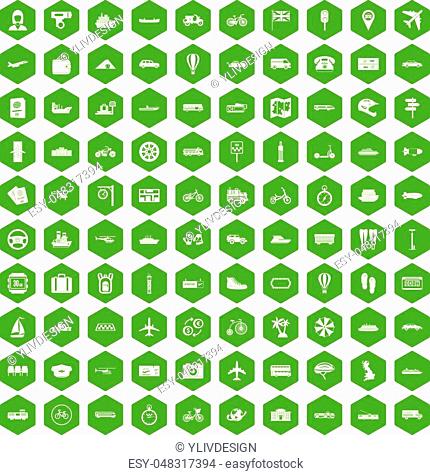 100 public transport icons set in green hexagon isolated vector illustration