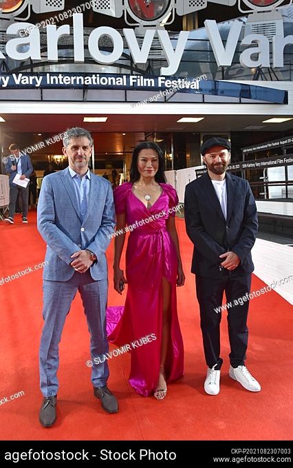 L-R director Philip Barantini, actress Lourdes Faberes and producer Bart Ruspoli attended presentation of the film Boiling Point at the 55th Karlovy Vary...