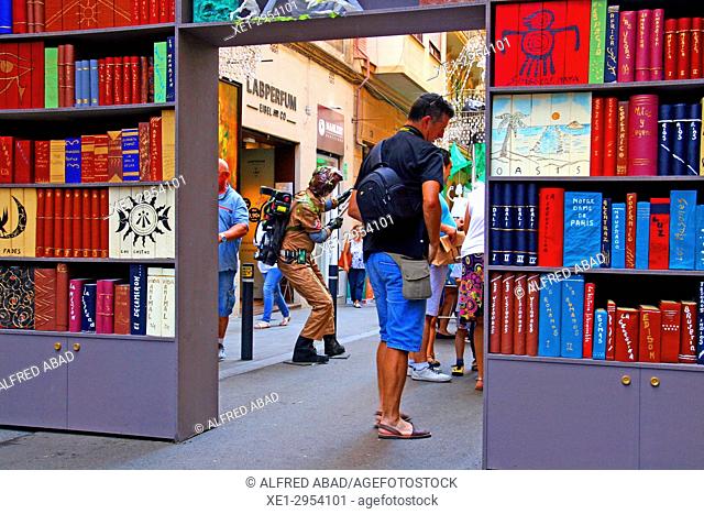 street decorated with bookstores, Festes de Gràcia 2017, Barcelona, Catalonia, Spain