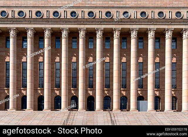 Helsinki, Finland: 4 August, 2021: view of the Finnish Parliament building in downtown Helsinki