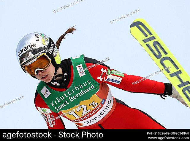 26 February 2021, Bavaria, Oberstdorf: Nordic skiing: World Championships, ski jumping - team event, women, trial round. Ursa Bogataj from Slovenia in action