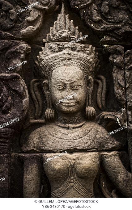 Stone carved diety at the temple of Preah Khan, Angkor Wat, Siem Reap, Cambodia