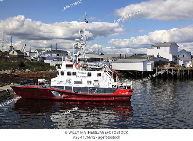 A Canadian Coast Guard lifeboat at Sambro Harbour near Halifax, Nova Scotia, Canada, North America Keywords: