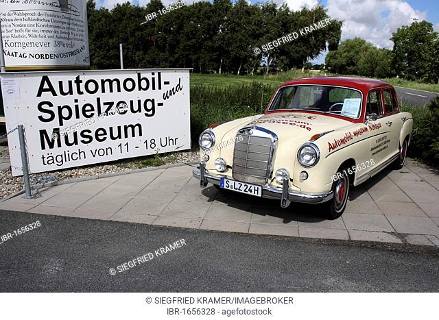 Billboard and entry, North Sea Car Museum, Norden, Aurich district, East Frisia, Lower Saxony, Germany, Europe