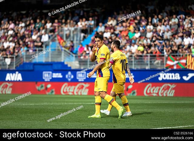EIBAR, SPAIN - OCTOBRER 19, 2019: Luis Suarez and Leo Messi, Barcelona player, celebrate the goal of Suarez in the Spanish League match between Eibar and FC...