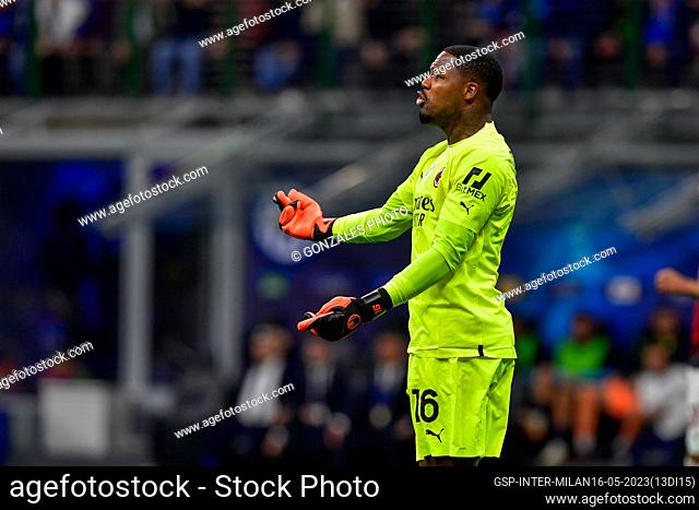 Milano, Italy. 16th, May 2023. Goalkeeper Mike Maignan (16) of AC Milan seen during the UEFA Champions League match between Inter and AC Milan at Giuseppe...
