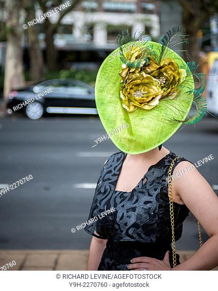A fashionista models a chapeau she designed for her company Monstruosité outside of the Spring 2015 Fashion Week shows in Lincoln Center in New York