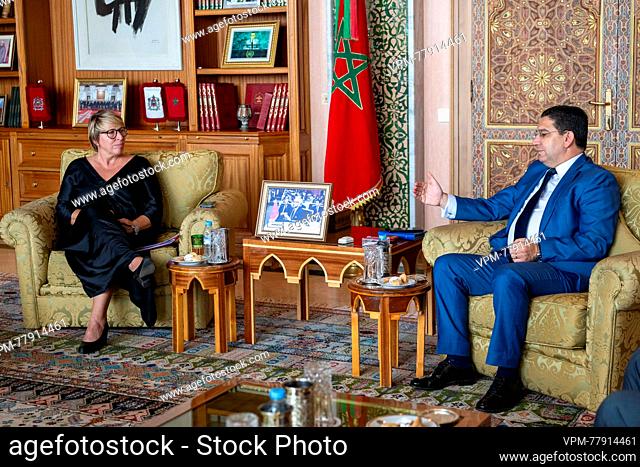 Minister for Development Cooperation and Metropolitan Policy Caroline Gennez (L) is pictured during a meeting with the Moroccan Foreign Minister