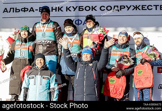 RUSSIA, UFA - DECEMBER 16, 2023: Silver medallist Kirill Bazhin of Russia (2nd L back), gold medal winner Daniil Serokhvostov of Russia (3rd L back) and bronze...