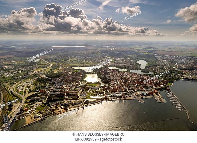 Aerial view, harbour, marina with the German Oceanographic Museum and the Ozeaneum aquarium, old town island surrounded by water at the sound of Strelasund