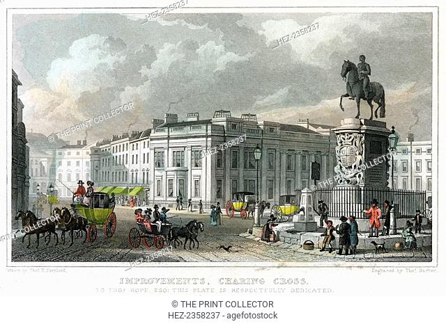 Improvements, Charing Cross, Westminster, London, 1828. The equestrian statue of King Charles I is on the right of the picture