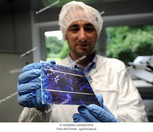 An employee of the Fraunhofer institute for solar energy systems holds a silicium plate for solar cells in his hands in Gelsenkirchen, Germany, 26 June 2013