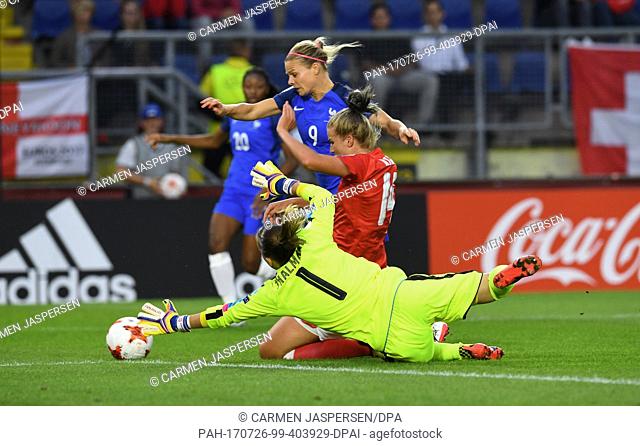 Eugenie Le Sommer of France in action against Switzerland's goalkeeper Gaelle Thalmann and Rachel Kiwic during the UEFA Women's European Championship...
