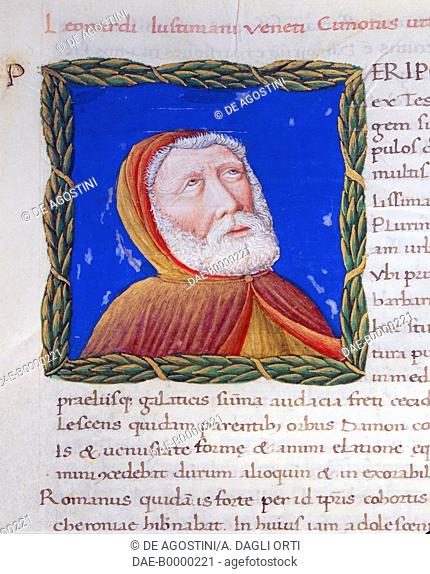 Illuminated page with profile of Cimon, Volume I, left 1, f 217 r, Vitae virorum illustrium, by Plutarch (ca 46-127), manuscript. Italy, 15th century