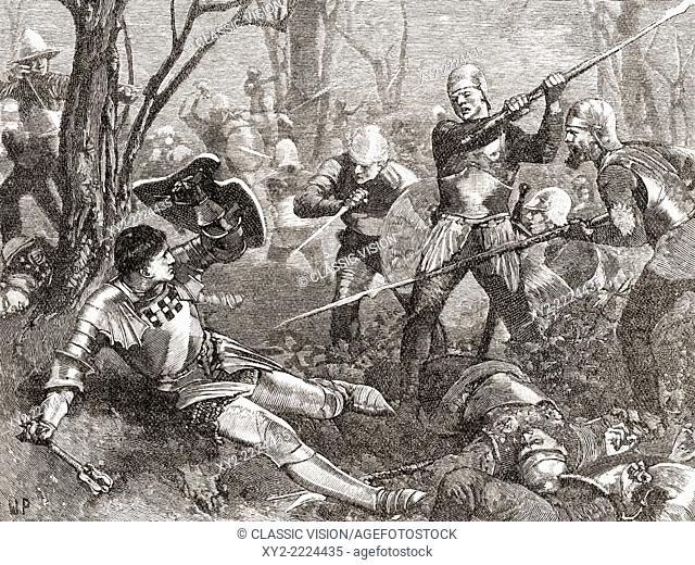 The Battle of Barnet, England in 1471, the death of the Kingmaker. Richard Neville, 16th Earl of Warwick, 1428 – 1471, aka Warwick the Kingmaker