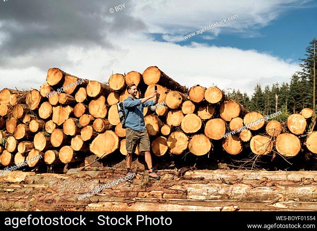 Mid adult man photographing while smart phone while standing by woodpile in forest