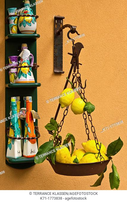 A store with attractive lemon fruit displays on the street in the town of Amalfi on the Gulf of Salerno in southern Italy