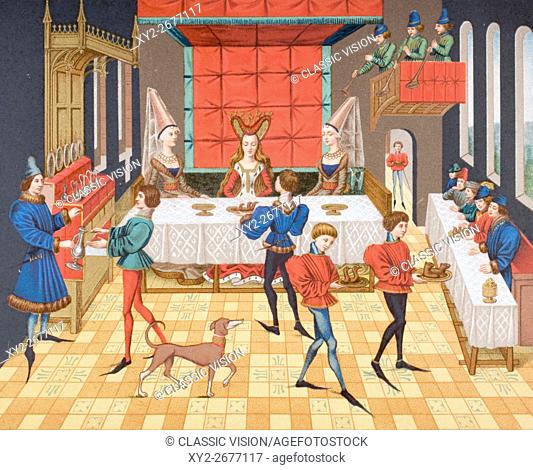 Table service of a lady of quality. 19th century reproduction of 15th century miniature from Romance of Renaud de Montauban
