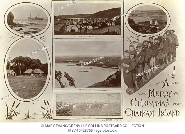 A Christmas card from Chatham Island, New Zealand. Scenes pictured include the SS Storm, Torotoro, a bridge over the Waitangi River, the Waitangi Port, Te One
