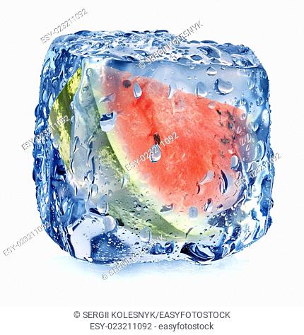 Watermelon in ice cube isolated on white